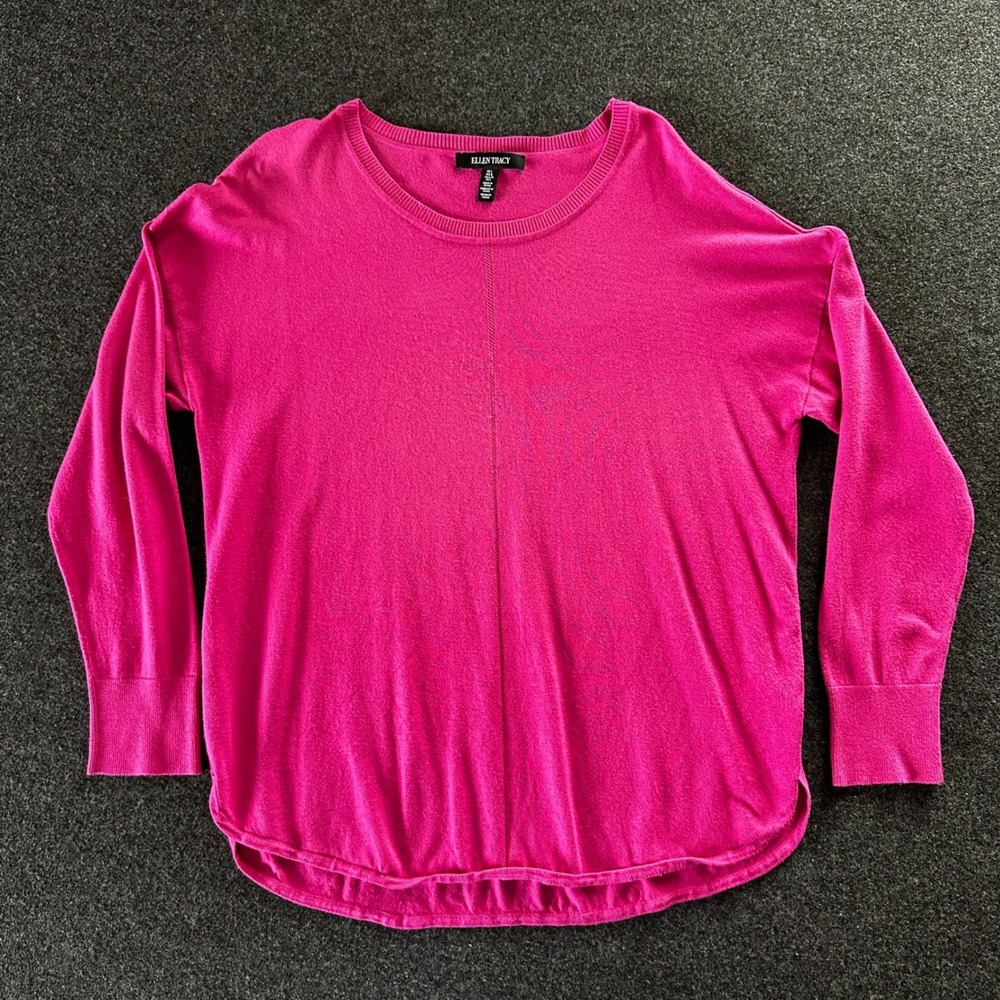 Ellen Tracy Fuchsia Pink Knit Sweater Crew Neck Seam Detail Large